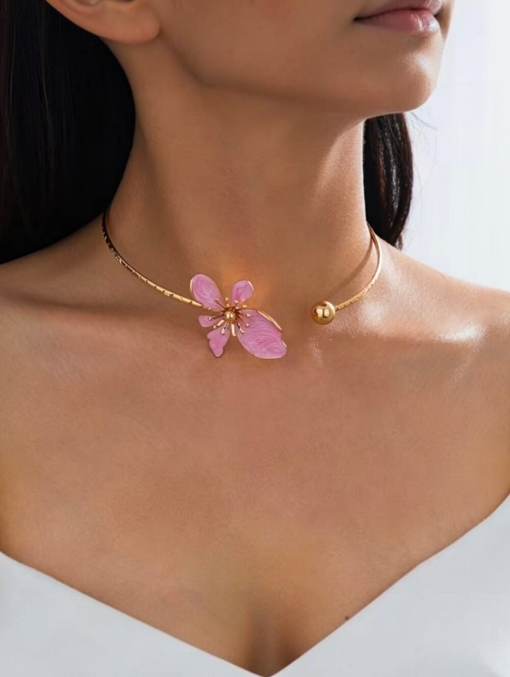 Enameled Lt Pink Hibiscus Flower Collar Necklace 2"×1.5" Gold Sits On Collarbone